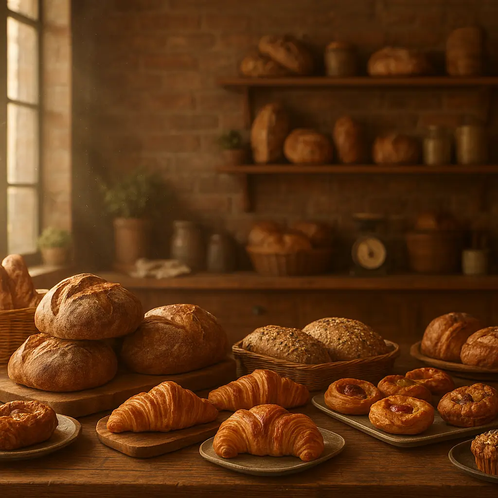 Meleg hangulatú pékség belső, friss kenyerekkel és péksüteményekkel
