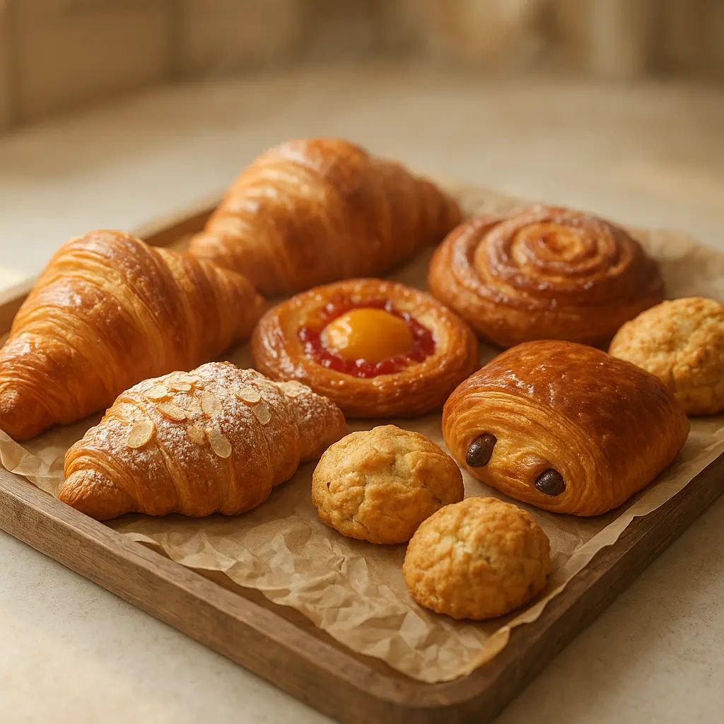 Friss péksütemények és croissant-ok tálcán